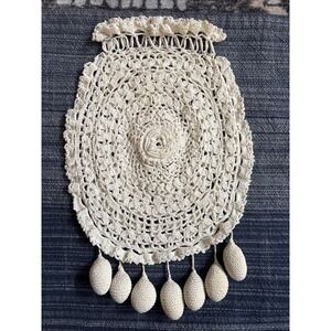 Antique Crochet Lace Tatted Drawstring Purse Edwardian Victorian Wedding